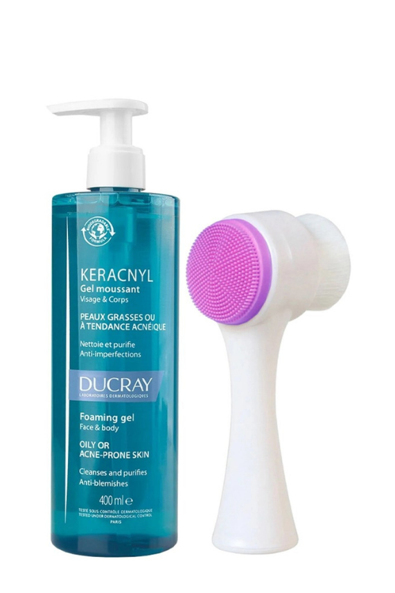 Ducray Keracnyl Gel Yağlı ve Akneli Ciltler için Temizleme Jeli 400 ml ve Cilt Temizleme Fırçası - 1
