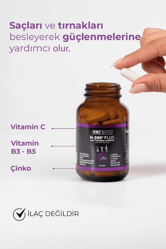 KRCDerma H-360 Plus Saçları ve Tırnakları Besleyip Güçlenmelerine Yardımcı Tablet - 2